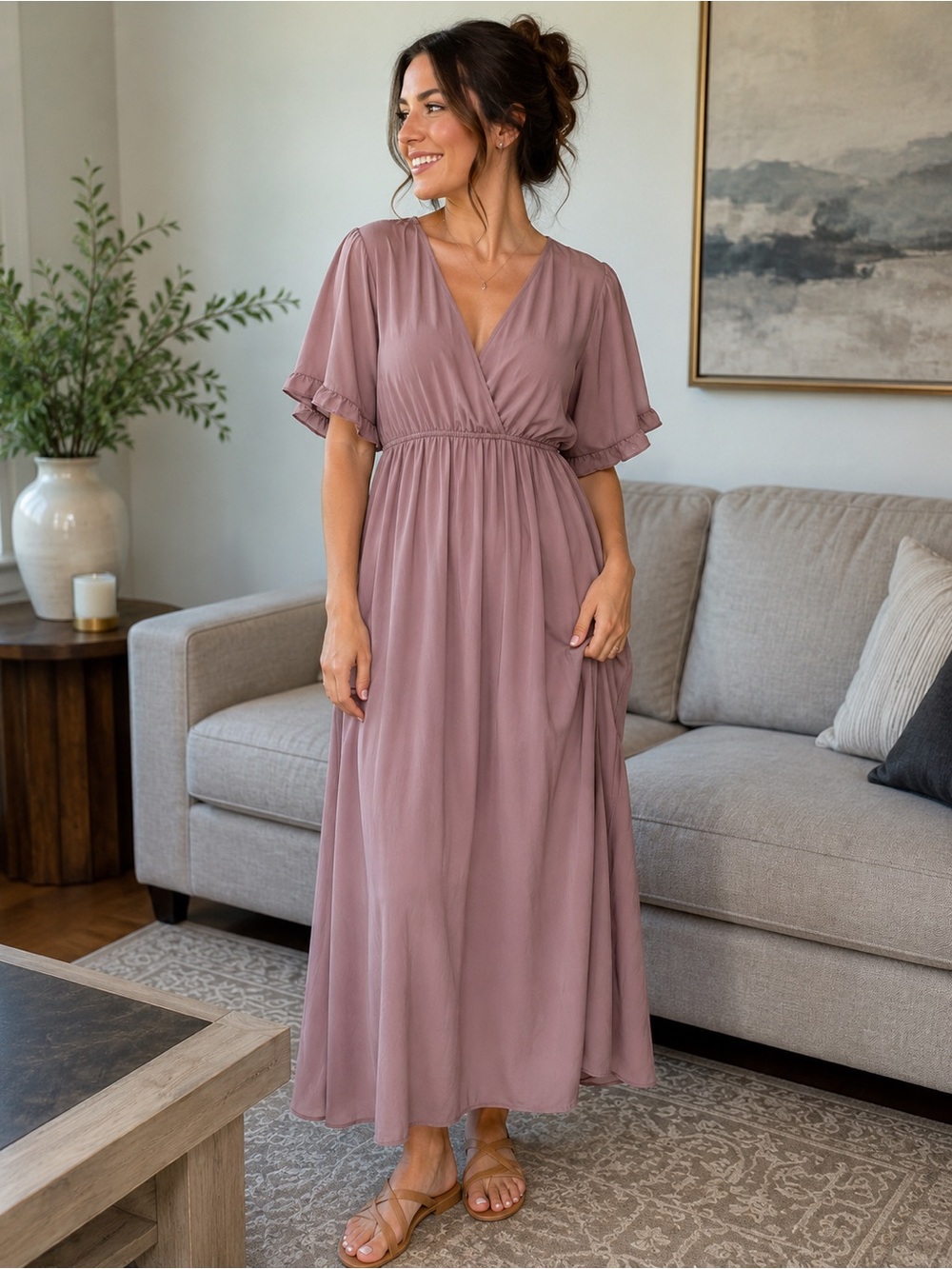 V-Neck Flutter Sleeve Maxi Dress in Mauve